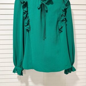 Women’s Kelly Green Ruffle Tie-Neck Blouse